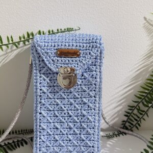 Handmade crochet phone bag in powder blue with silver chain strap